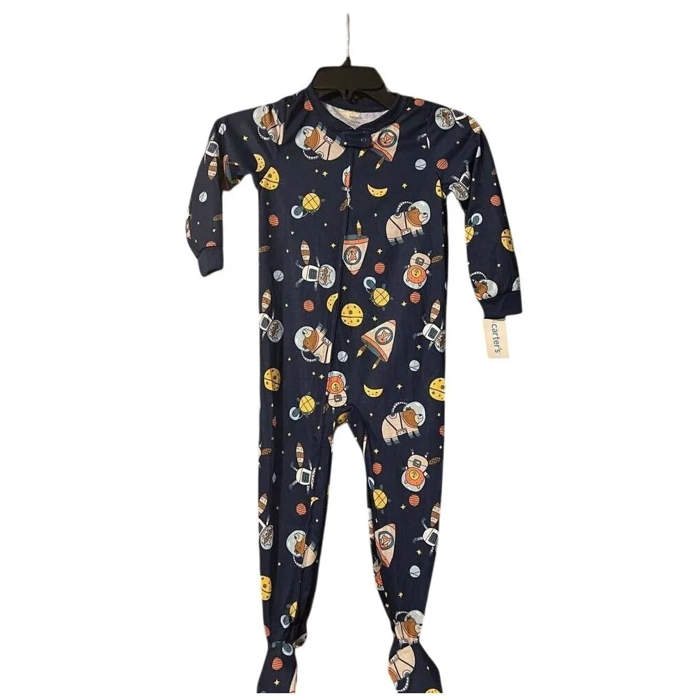 Carters Kids Navy Blue Astronaut Animal‎ Space Rocket Footed Pajamas 4T 2J188610